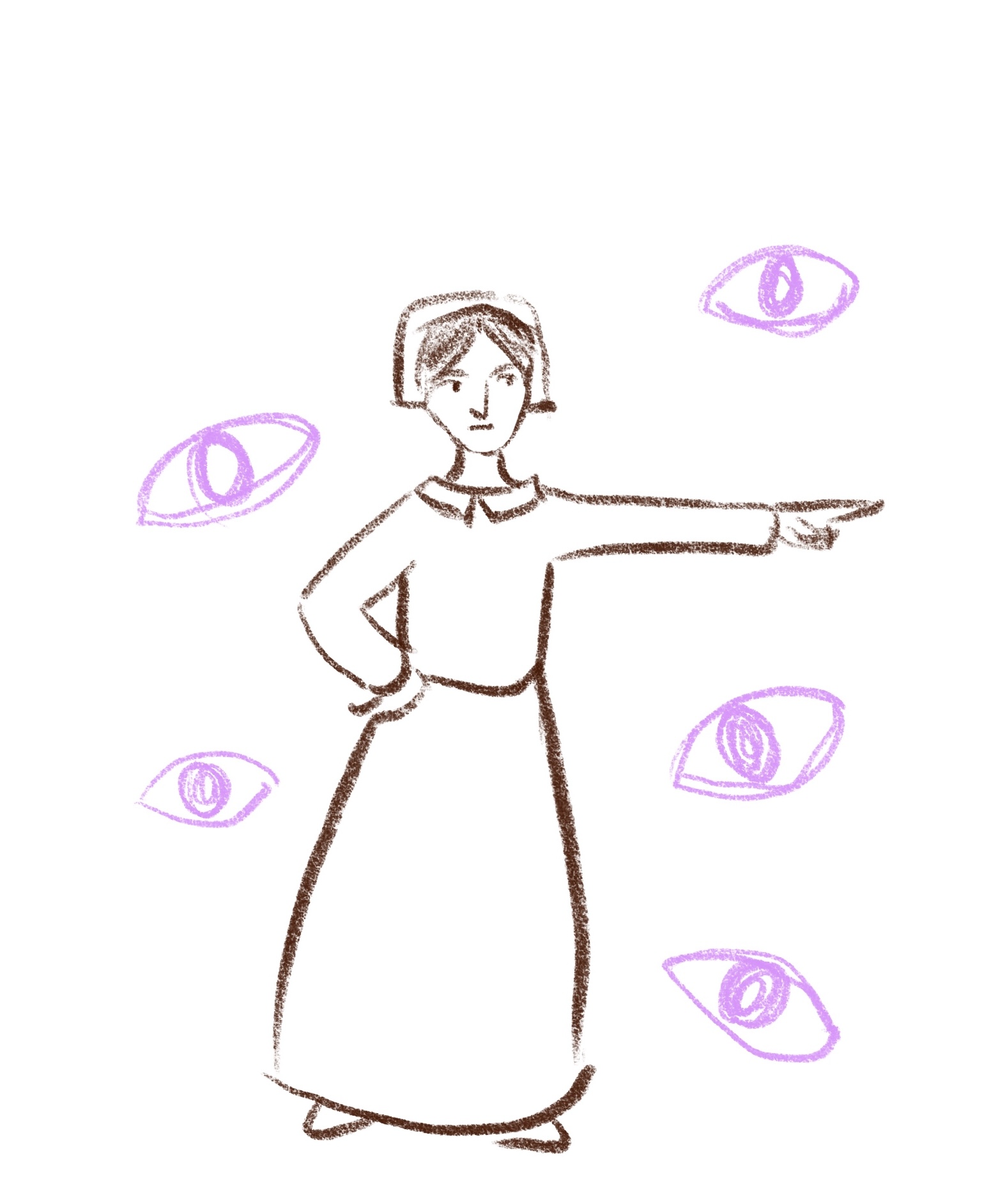 A drawing of a woman pointing her finger accusingly at a man
